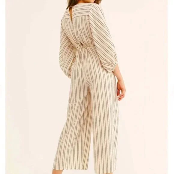Free People Cream Brown Lightweight Kenny Striped One-Piece Jumpsuit Size Medium - Picture 2 of 11